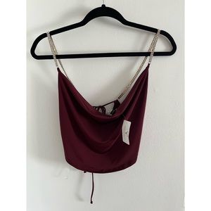 Cowl neck open back crop top with rhinestone straps